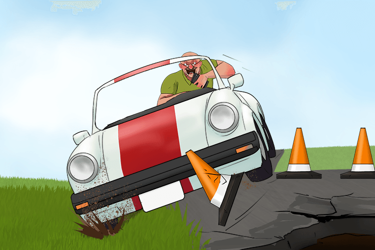 Distracted by his phone, he veered (fovea) sharply to avoid the pit because he didn't see the warning cones